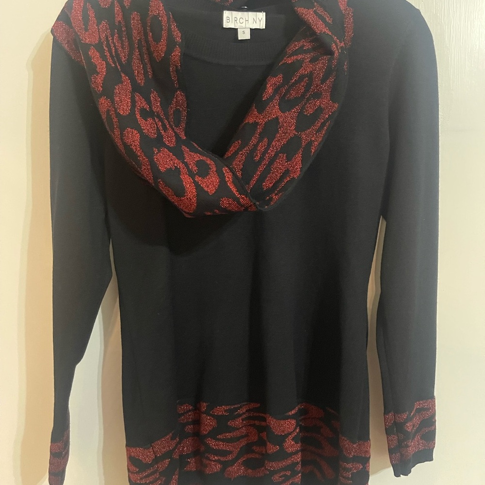 Women's Black and Red Sweater with Attached Scarf